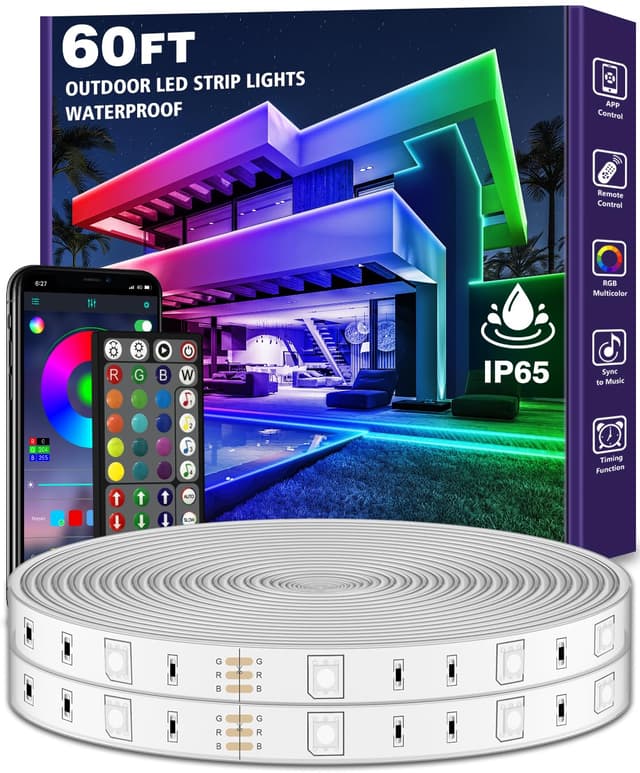 LETIANPAI Outdoor LED Strip Lights 18m Waterproof,IP68 Outsideled strips wasserdicht with App and Remote,Music Sync RGB Exterior Led Rope Lights with Self Adhesive Back for 18m-Outdoor