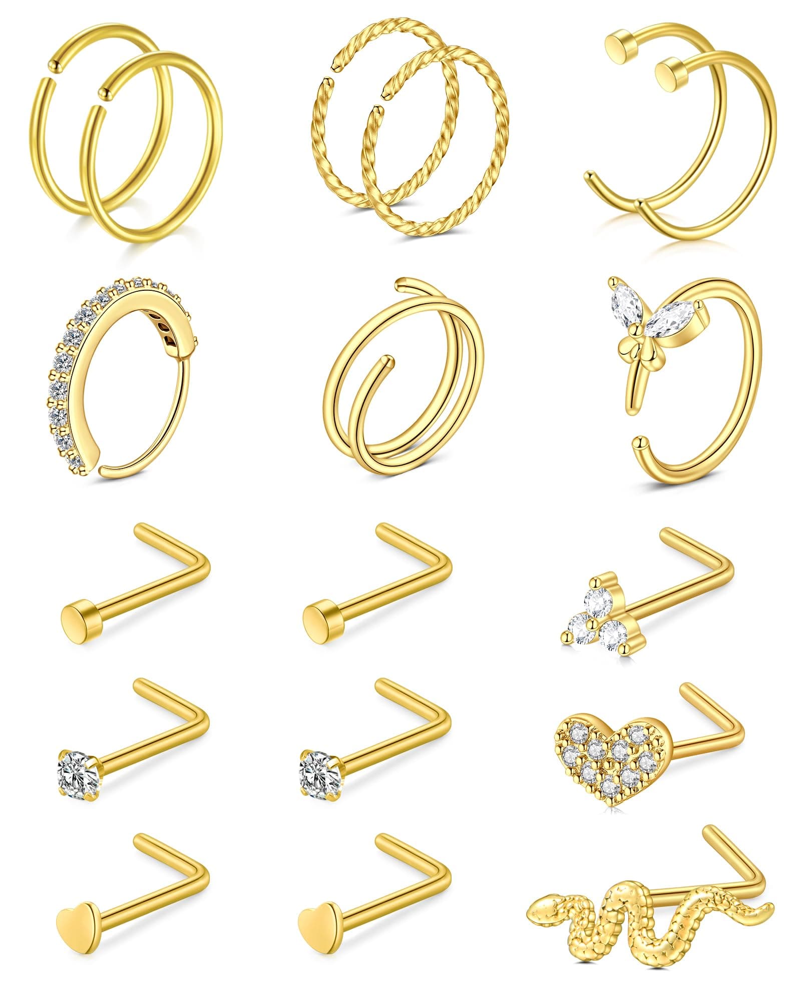 Rajnard 316L Chirurgenstahl Nase Ring Studs 20G 8mm 7mm Silber Gold L-Form Nase Schraube Nase Hoop Ringe für Frauen Mädchen Edelstahl Nostril Piercing Schmuck Set A-Gold ✨