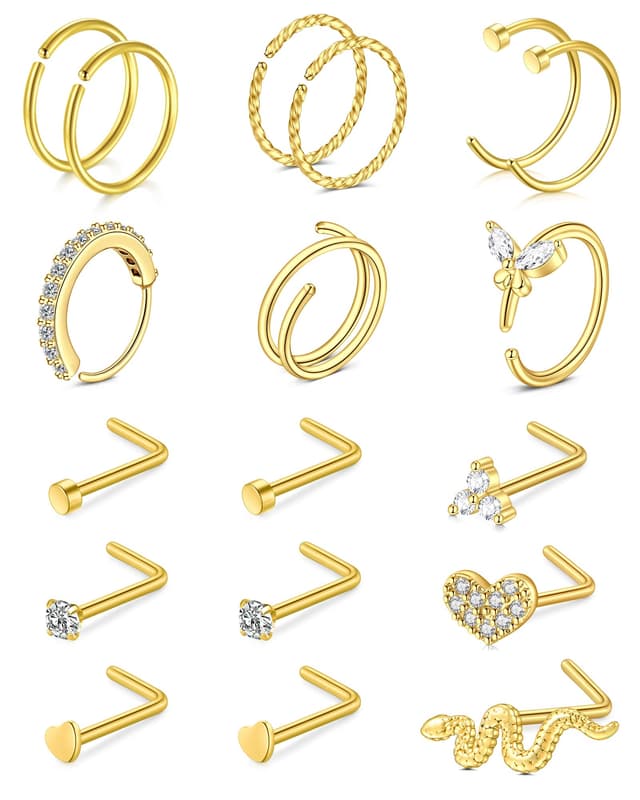 Rajnard 316L Chirurgenstahl Nase Ring Studs 20G 8mm 7mm Silber Gold L-Form Nase Schraube Nase Hoop Ringe für Frauen Mädchen Edelstahl Nostril Piercing Schmuck Set A-Gold ✨