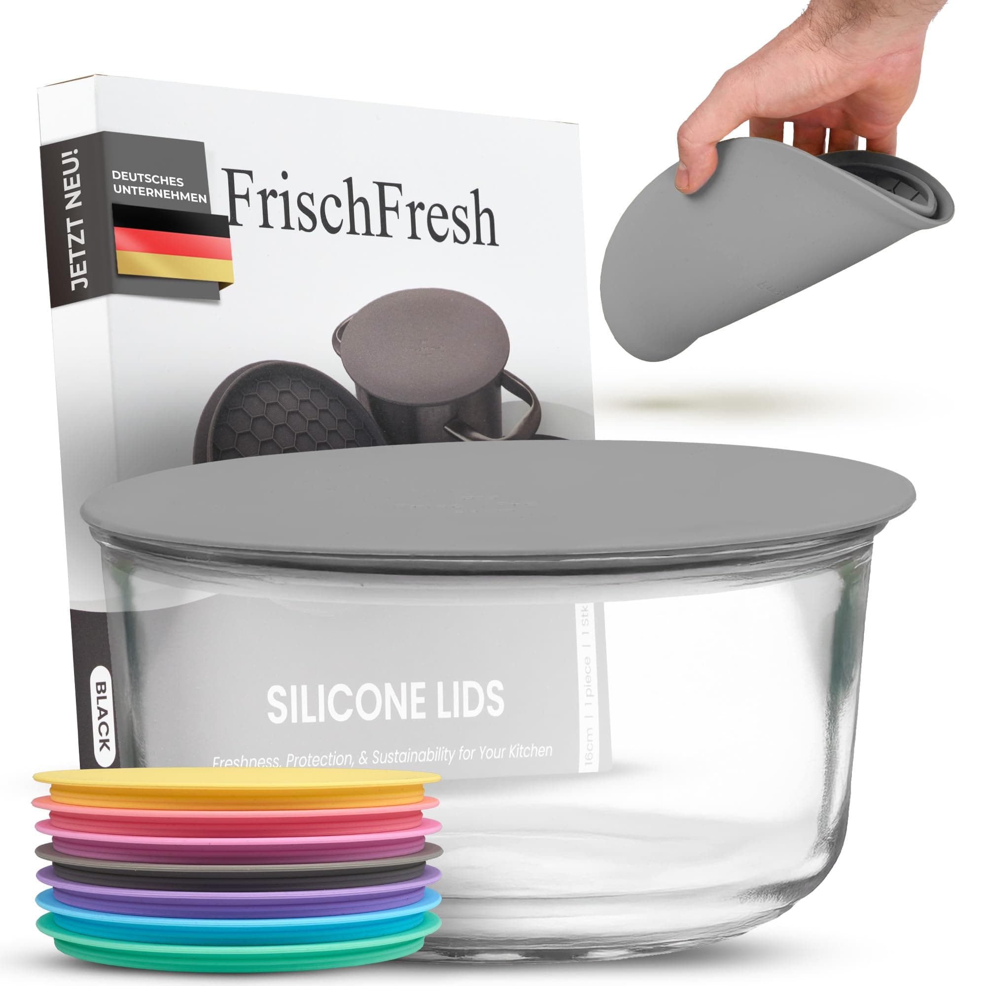FRISCHFRESH®- Deckel | Frischhaltedeckel für Töpfe, Schüsseln, Pfannen | ∅16cm Schwarz | Luft- und Lichtdicht [platzsparend]