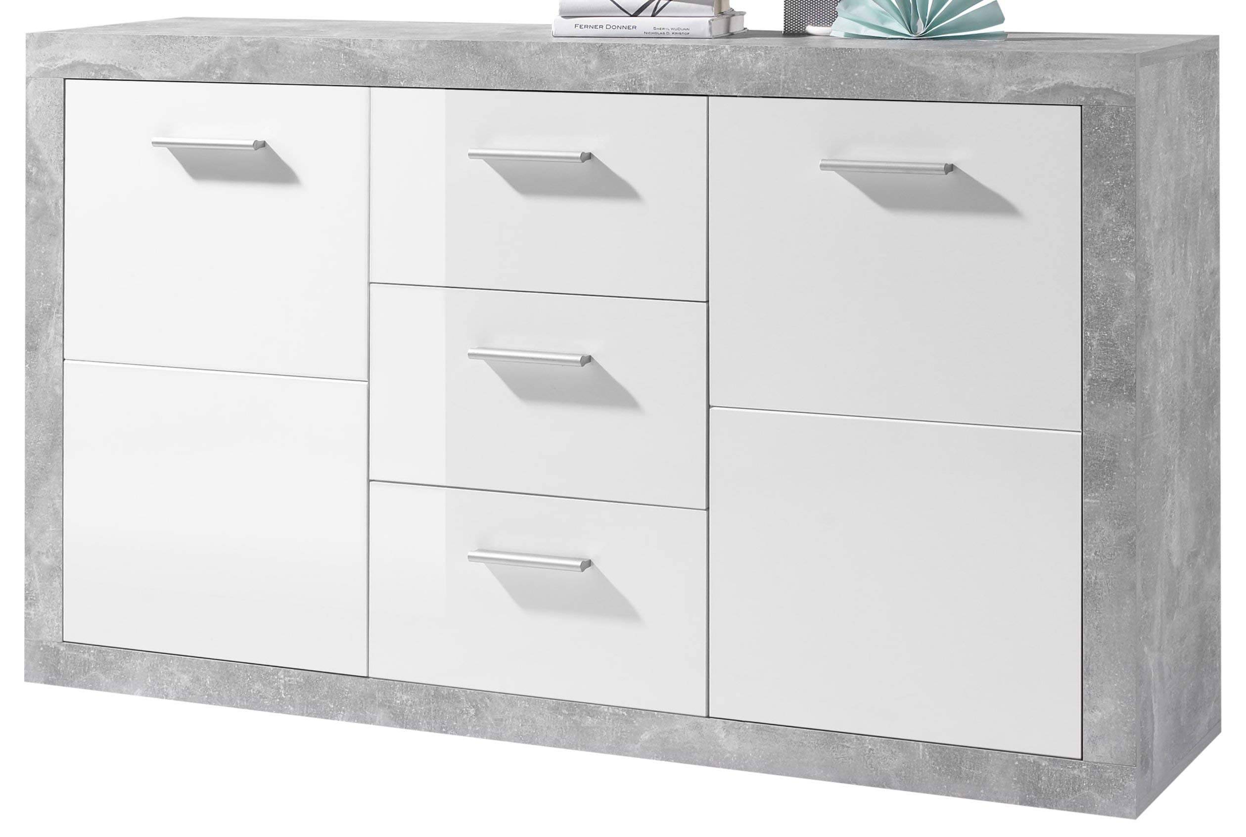 Stella Trading Sideboard in Beton Optik, Weiß Hochglanz - Moderne Kommode mit Schubladen und viel Stauraum 🛋️