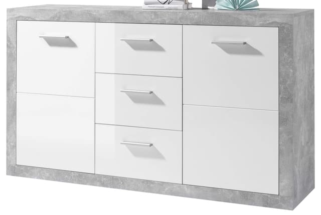 Stella Trading Sideboard in Beton Optik, Weiß Hochglanz - Moderne Kommode mit Schubladen und viel Stauraum 🛋️