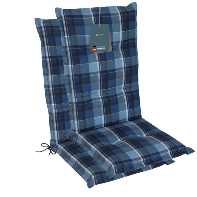 LILENO HOME Gartenstuhl Auflagen [2er Set - Hochlehner] Karo Blau 🌞🪑 - Bequeme Sitzauflagen für Gartenmöbel