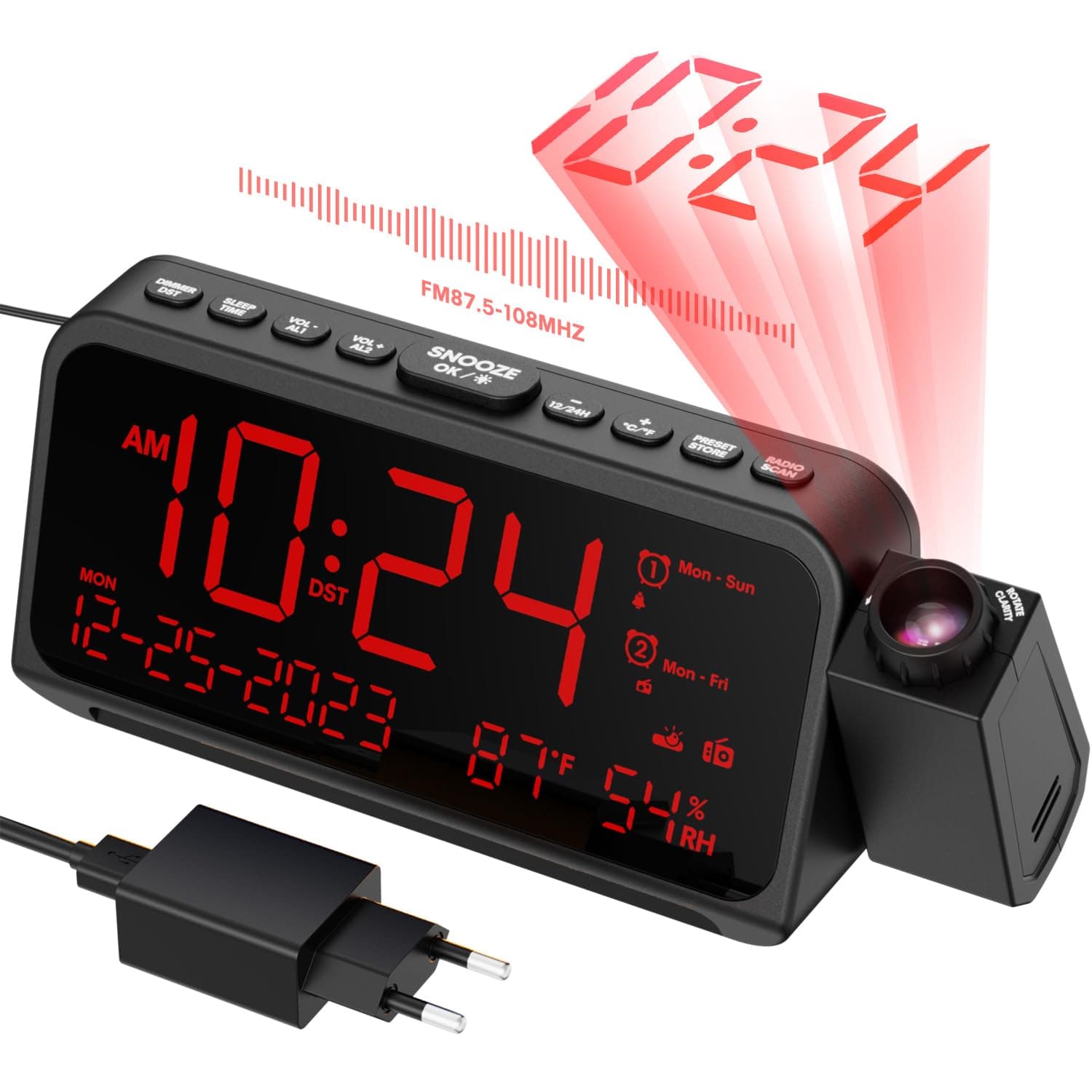 Multifunktionaler Design Radiowecker mit Projektion für Schlafzimmer 🕰️