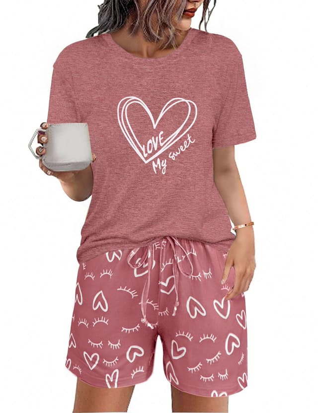 Uniexcosm Schlafanzug Damen Kurz Baumwolle Zweiteiliger Pyjama Set Kurzarm Nachtwäsche Wimperndruck Sleepwear Hausanzug Loungewear L Stil 1:rosa-1 🌙😴