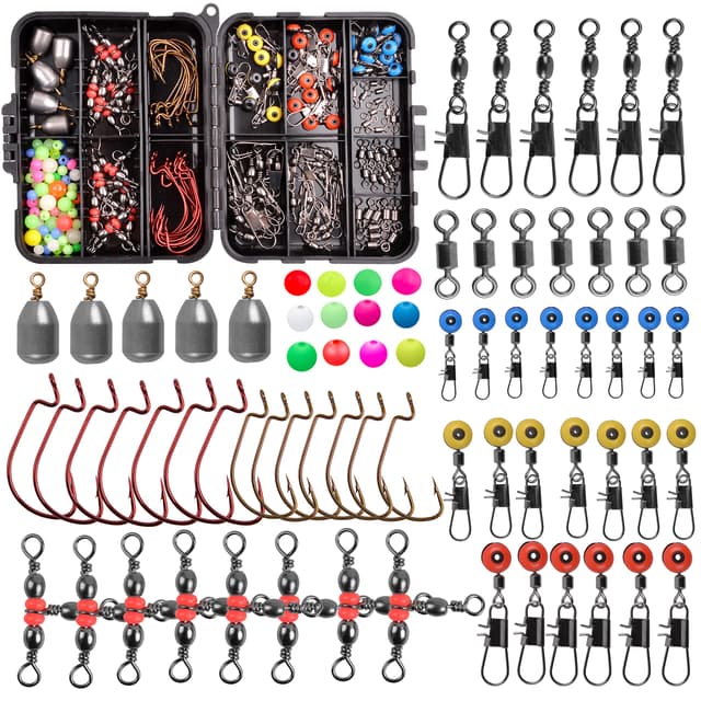 🎣 155stk Angelhaken Kit, Angelzubehör Set inkl. Jig Haken, Sinker Gewichte, Verschiedene Angeln Wirbel Snaps, Sinker Slides, Angelleine Perlen usw mit Angehen Box