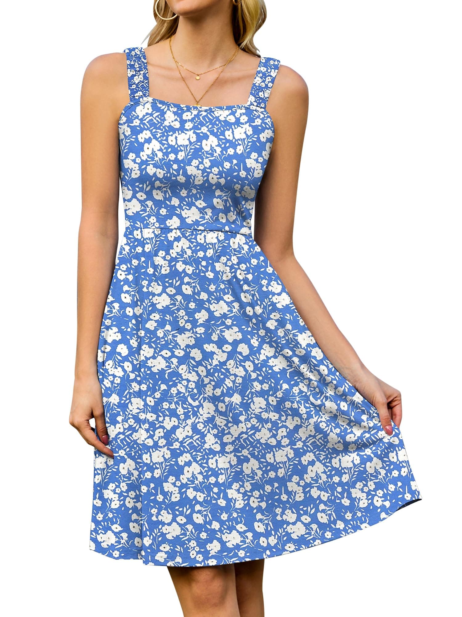 StylSense Sommerkleid Damen Knielang 😍 Ärmelloses Blumenkleid mit Quadrat-Ausschnitt Casual Strandkleid mit Taschen für Strand Urlaub M Blau