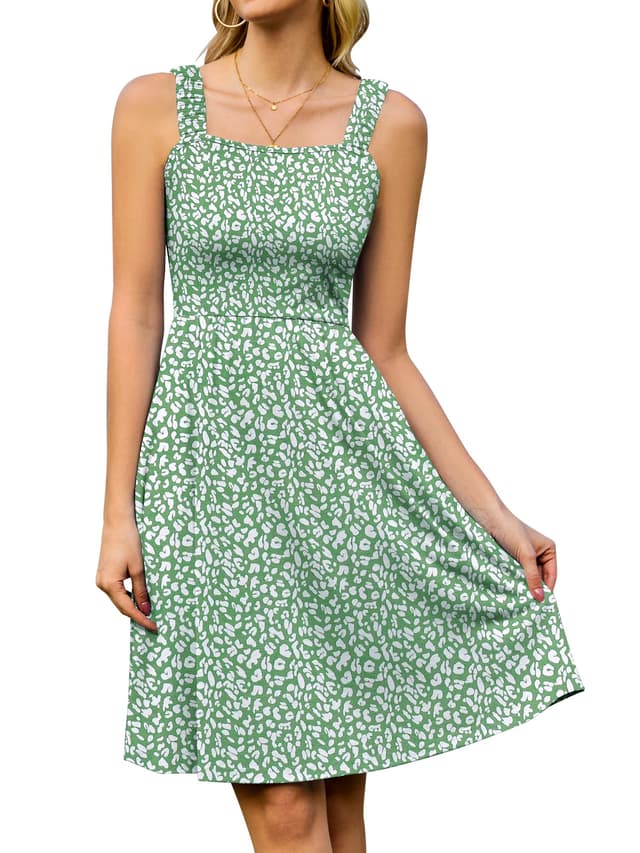 StylSense Sommerkleid Damen 🌺 Knielang Ärmelloses Blumenkleid mit Quadrat-Ausschnitt Casual Strandkleid mit Taschen für Strand Urlaub L Grün