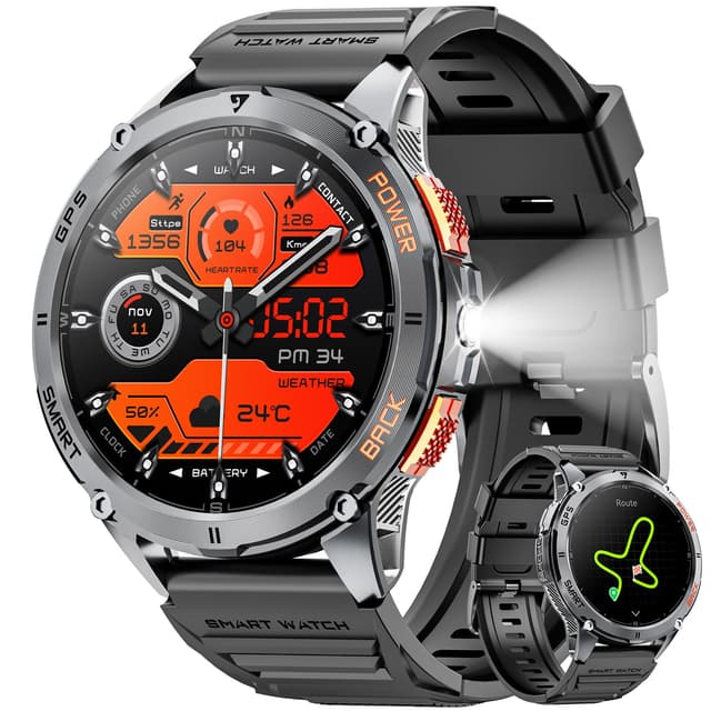 GPS Smartwatch Herren, 1,43" AMOLED Smart Watch mit Bluetooth Anrufen, LED Taschenlampe, IP68 Wasserdicht Sportuhr Fitness Tracker