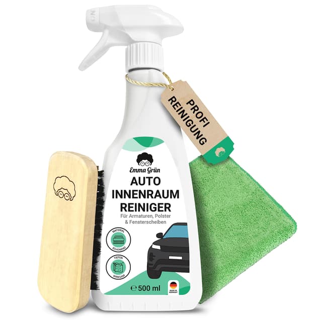 🚗 Emma Grün® Polsterreiniger Auto Innenraum Reiniger Set 500ml [+ Bürste & Mikrofasertuch] - Cockpitpflege Innenraumreiniger Auto