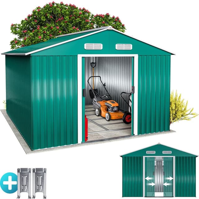 🏡 GARDEBRUK® XXXL Metall Gerätehaus 8m² mit Fundament 312x257x178cm Schiebetür Grün Geräteschuppen Gartenhaus 15m³