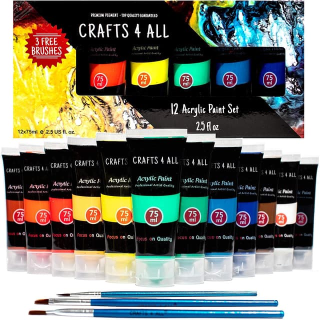 Crafts 4 ALL Große Acrylic-Farben-Set - 12 leuchtende Farben in 75ml Tuben 🎨🖌️