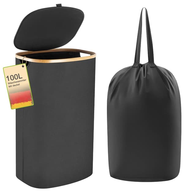 🌟 Großer waschbarer Wäschekorb - 100L - Schwarz 🧺🌿