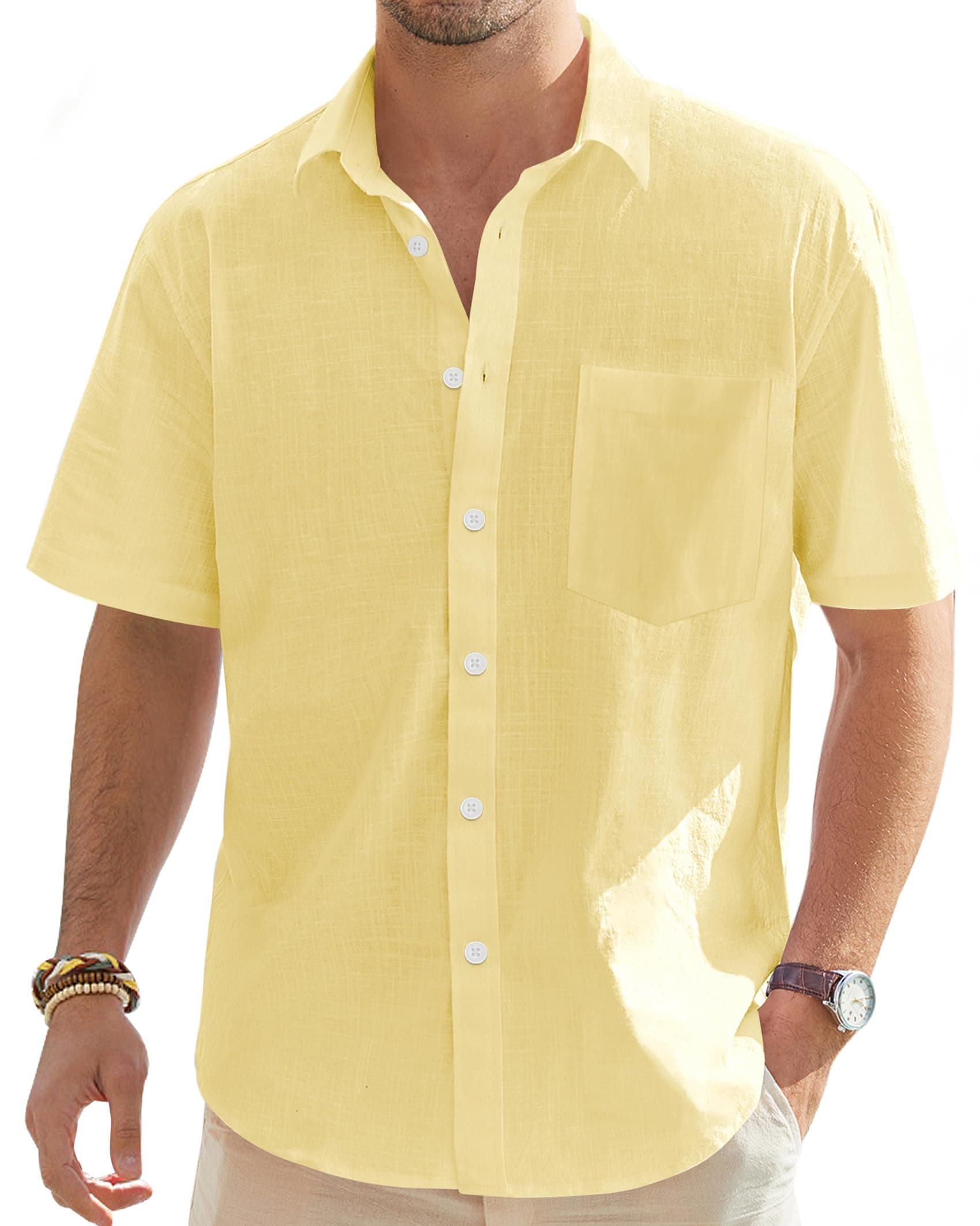 J.VER Leinenhemd Herren Hemd Kurzarm Leinenshirt Freizeithemd Businesshemd Sommer Casual Regular Fit Shirt Gelb XXL 😎👔