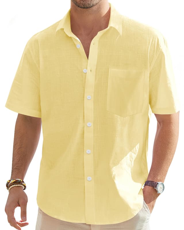 J.VER Leinenhemd Herren Hemd Kurzarm Leinenshirt Freizeithemd Businesshemd Sommer Casual Regular Fit Shirt Gelb XXL 😎👔