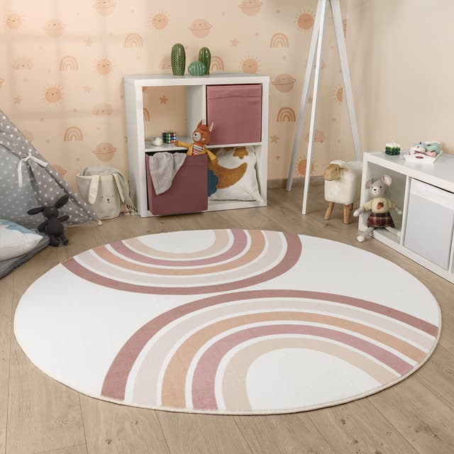 Paco Home Kinderteppich Teppich Kinderzimmer Rund Spielmatte 🌈 Babymatte Waschbar Bis 30 Grad Sonne Regenbogen Schriftzug Motiv