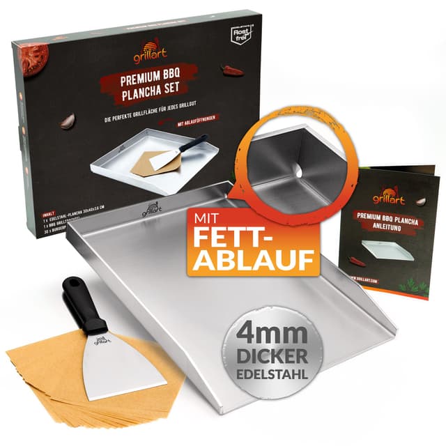 🔥 Grillart® Premium Plancha Grillplatte aus massivem 4mm Edelstahl - Universalgröße 30x40cm