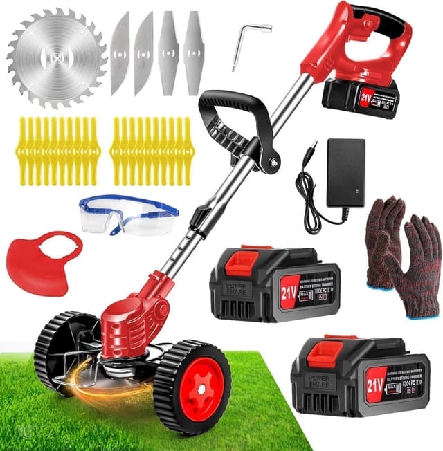🌿 Akku-Rasentrimmer 21V Elektrischer Rasentrimmer - Rasentrimmer Mit 4.0AH Akku-Batteriebetriebener Garten-Rasen-Unkraut-Trimmer Elektro-Trimmer Gartenkantenfräser mit 3 Arten Klingen für Garten, Hof Rot