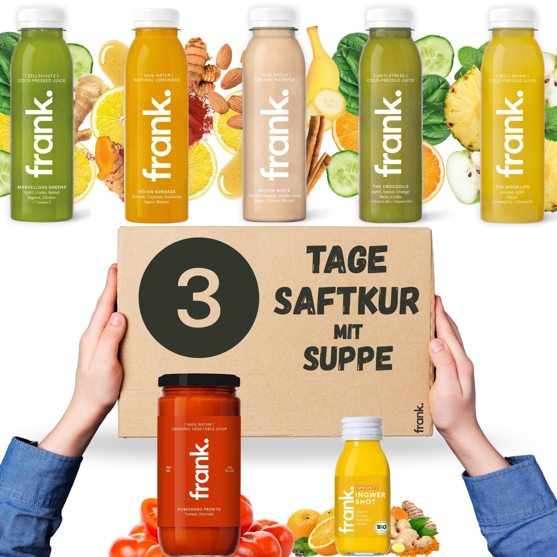 Frank Juice Saftkur 3 Tage mit Suppe | 15 x 330ml Säfte + 3 x 350ml Bio Suppen + 3 x 60ml Bio Ingwer Shot