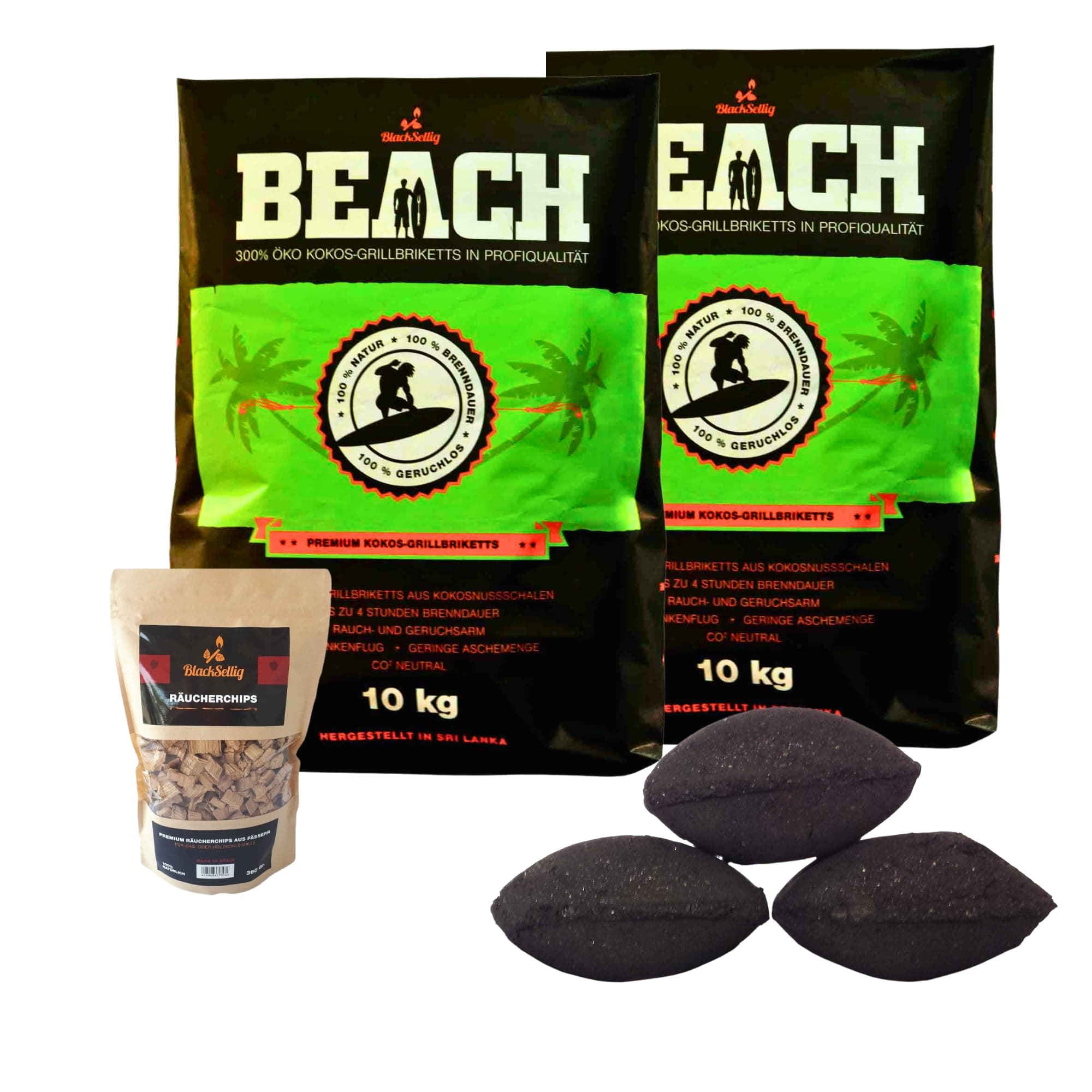 BlackSellig Beach Premium Kokos Grillbriketts 🥥🔥 - BBQ & Smoker - 20kg + 360g Smokerchips