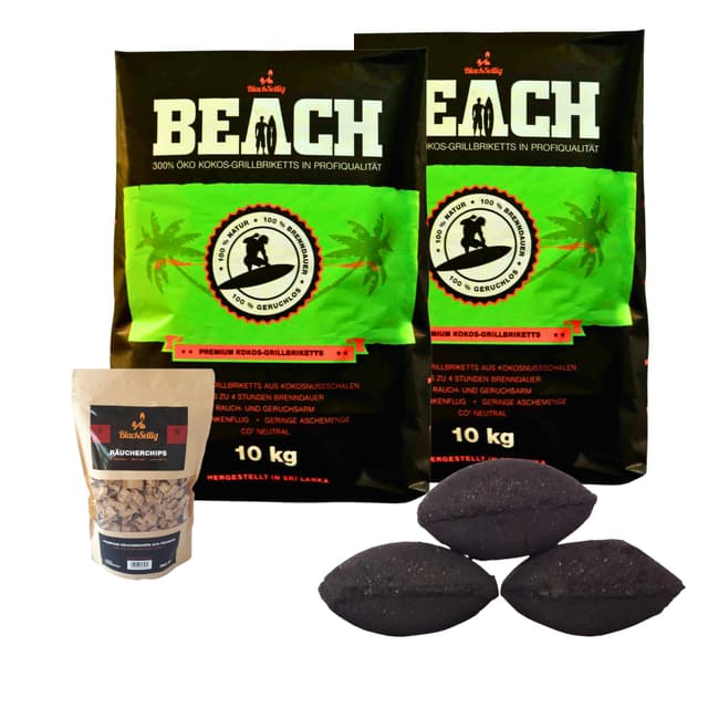 BlackSellig Beach Premium Kokos Grillbriketts 🥥🔥 - BBQ & Smoker - 20kg + 360g Smokerchips