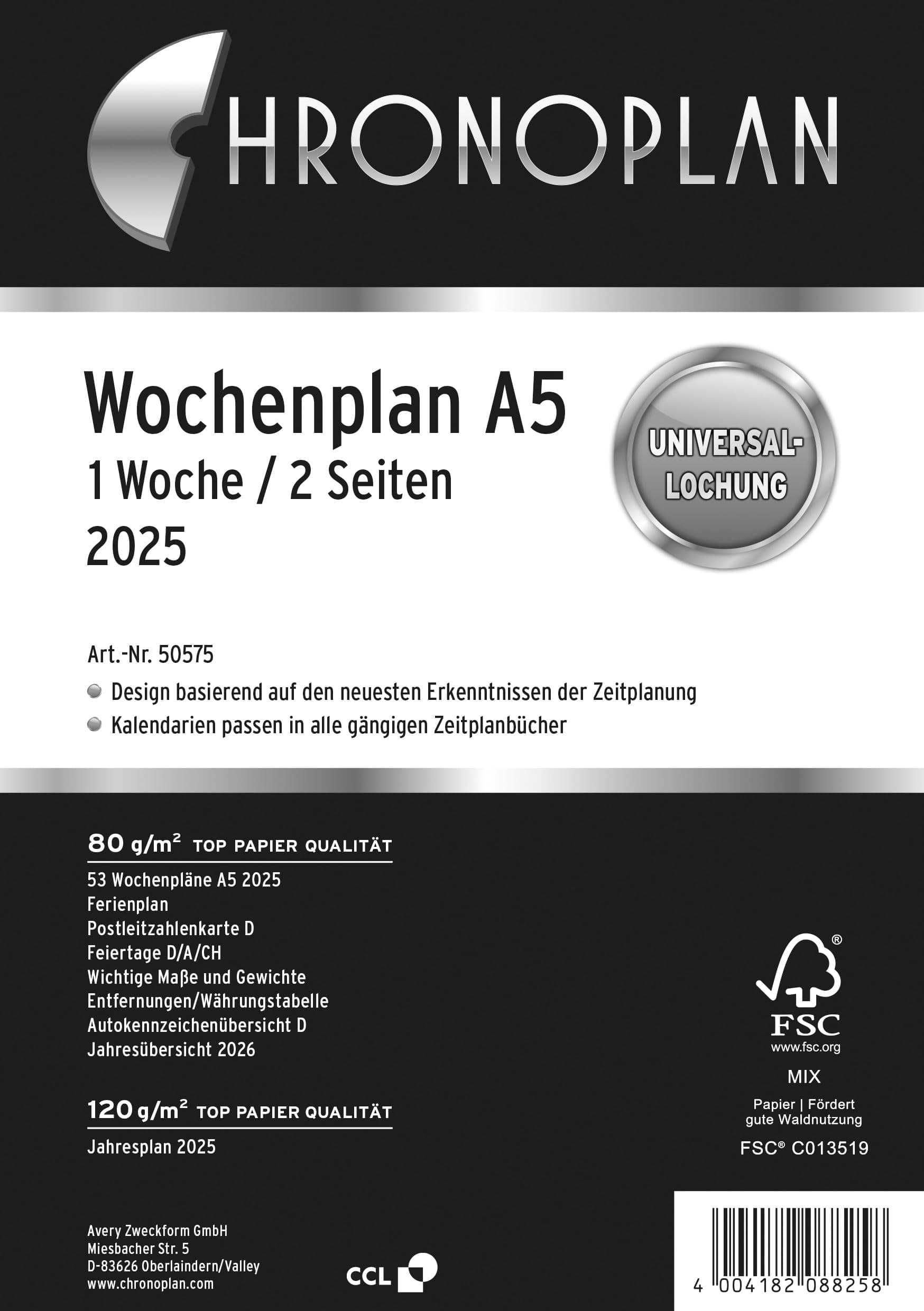 📅 Chronoplan 50575 Kalendereinlage 2025 A5 Wochenplan | 2 Seiten