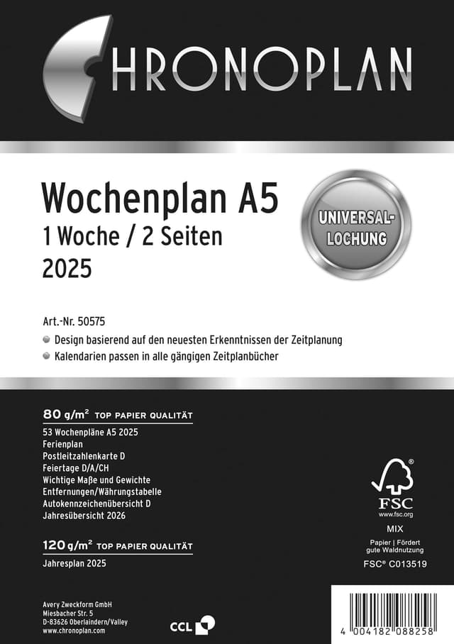 📅 Chronoplan 50575 Kalendereinlage 2025 A5 Wochenplan | 2 Seiten