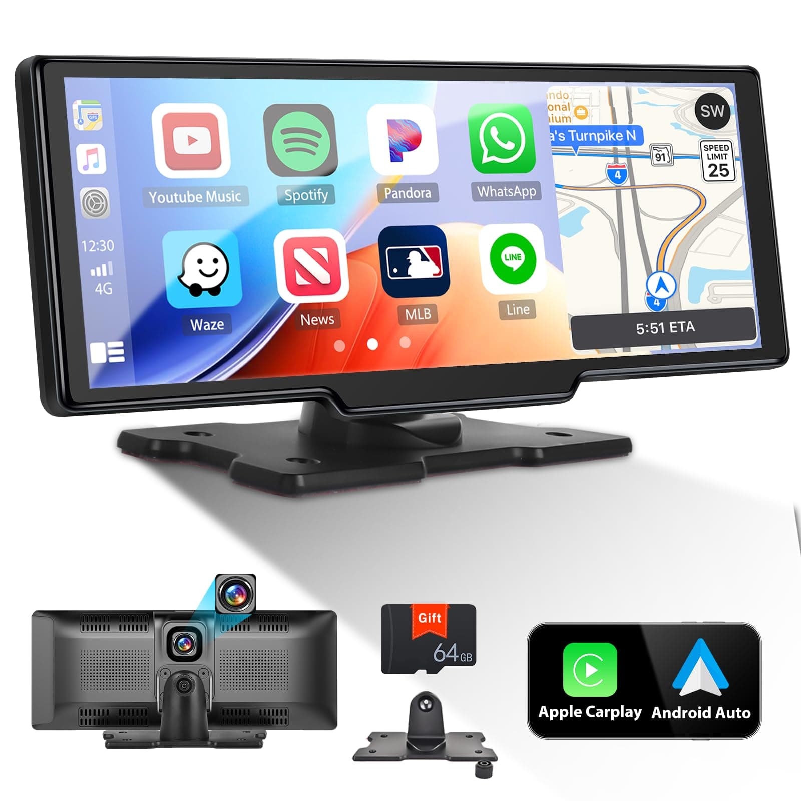 CAMECHO Auto Display mit Wireless CarPlay Android Auto, 9,3 Zoll Tragbares Autoradio mit Dashcam