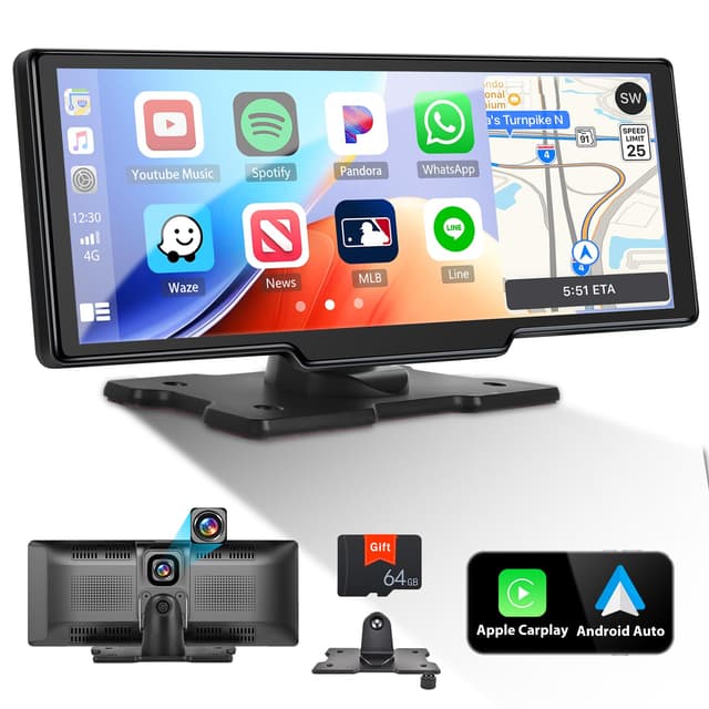CAMECHO Auto Display mit Wireless CarPlay Android Auto, 9,3 Zoll Tragbares Autoradio mit Dashcam