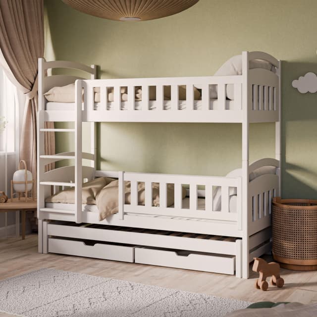🌟 Hochbett Kinderbett 90x200 cm mit Ausziehbett Etagenbett, zwei Schubladen, Lattenrost, Rausfallschutz und drei Matratzen, umbaubar in drei Einzelbetten, in weiß | von 4. bis 18. Lebensjahr 90x200 cm + 3 Matratzen Weiss - Stil 1