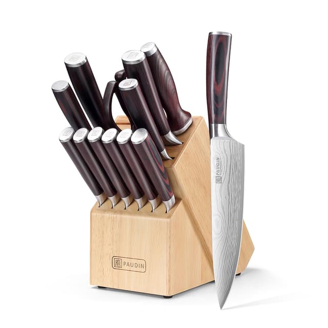 🔪🎁 Paudin Messerblock Set 14-teilig aus 1.4116 Edelstahl mit Holzblock, Wetzstahl&Schere 🎁🔪