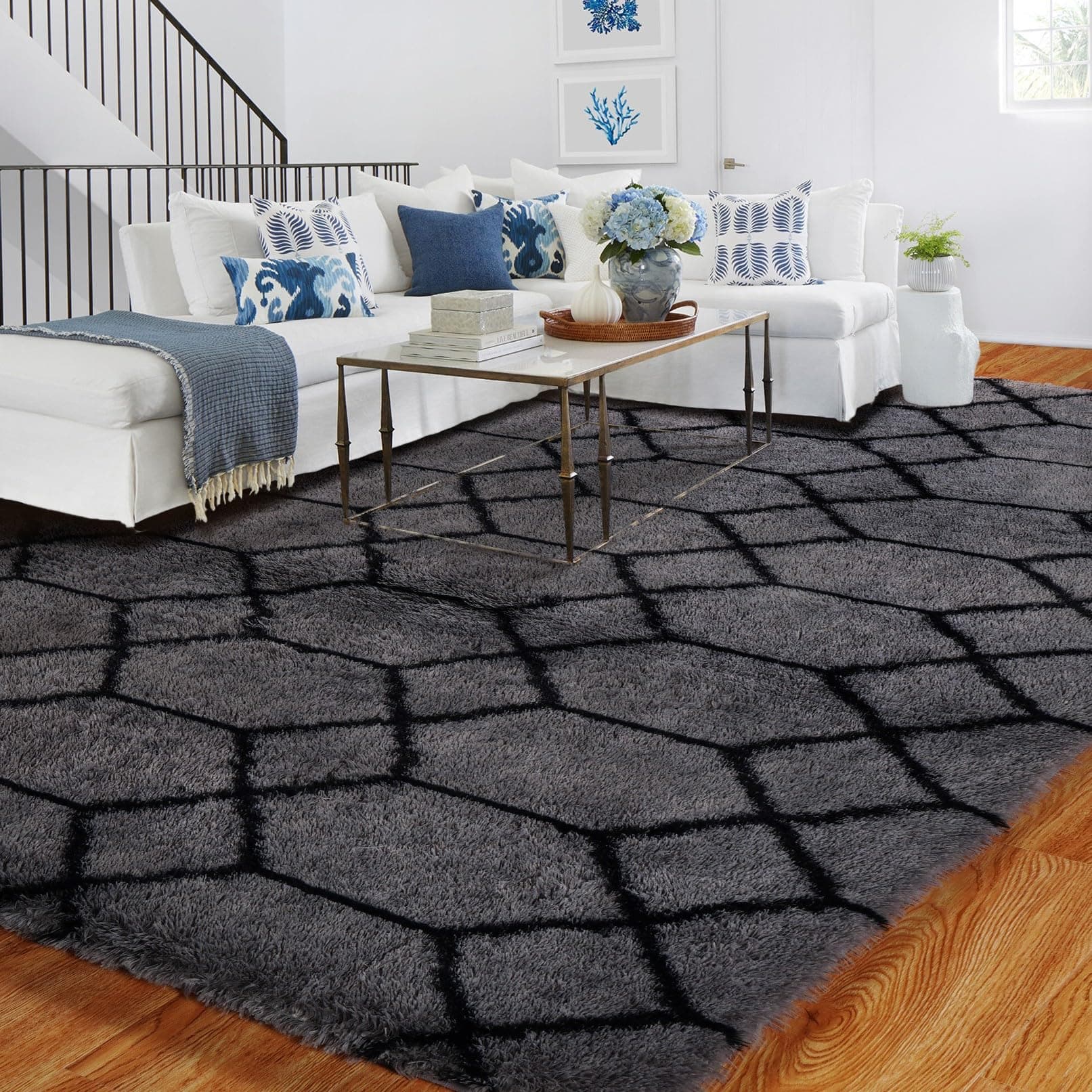 BYBSRLL Hochflor Teppich Grau und Schwarz 120x180cm