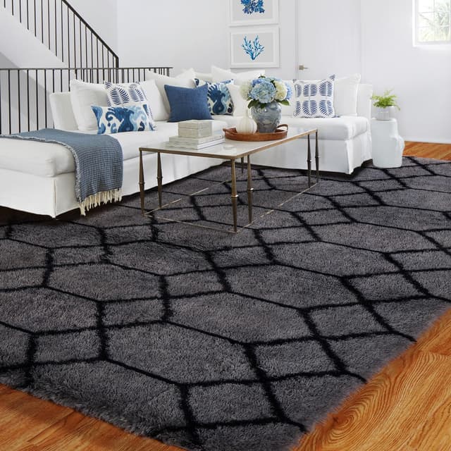 BYBSRLL Hochflor Teppich Grau und Schwarz 120x180cm