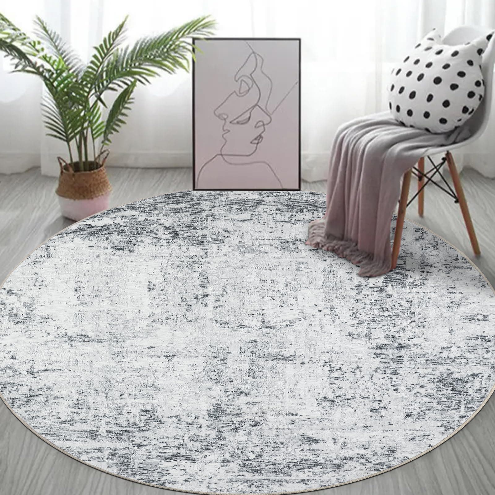 Capslpad Grau Abstrakt Teppich Rund ø135cm - Moderner rutschfester Teppich für Wohnzimmer