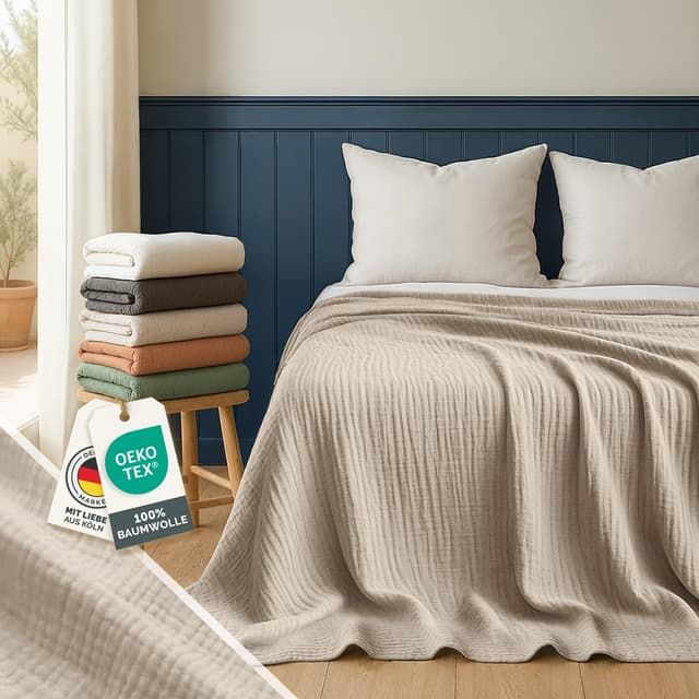 Blumtal Tagesdecke Baumwolle 150x200 cm - Musselin Decke Oeko-TEX zert. - Bettüberwurf 150x200 - Couch Überwurf - leichte Kuscheldecke Baumwolle 100% - Überdecke Bett - Couchdecke Überwurf Creme-Weiß Almond Milk 150x200cm