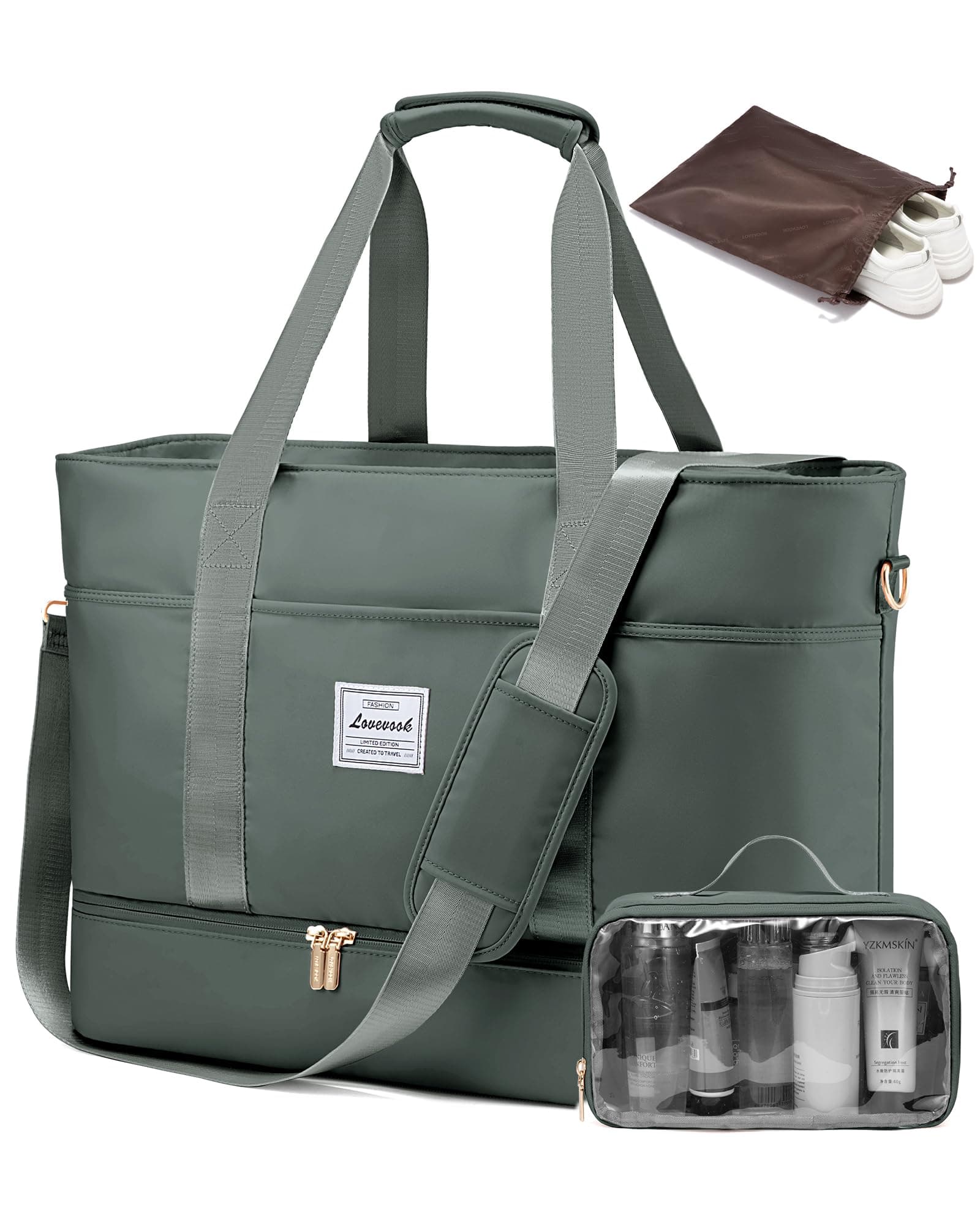 LOVEVOOK Reisetasche Damen Groß mit Schuhfach 52L Graugrün 🧳