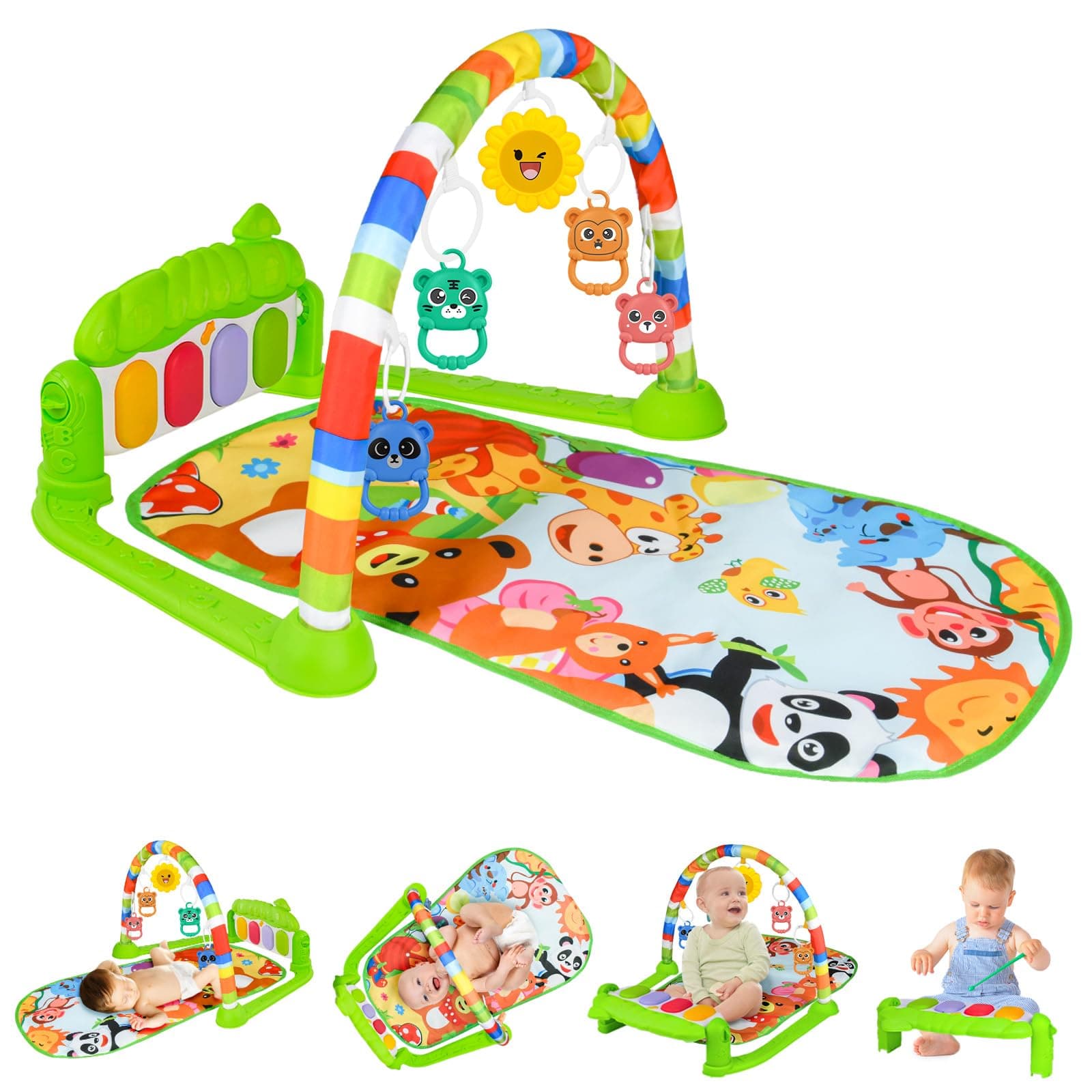 🎹 AOMIG Piano-Gym Spieldecke für Babys 🐘🦒🦁 - Krabbeldecke mit Musik und Lichtern