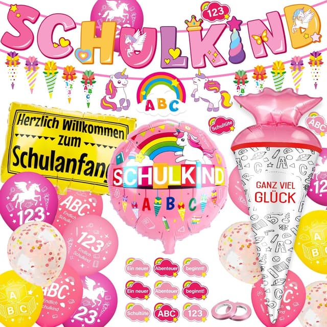 Maqhpu Einschulung Mädchen Einhorn Deko - Komplettset für eine magische Einschulungsparty 🦄🎉
