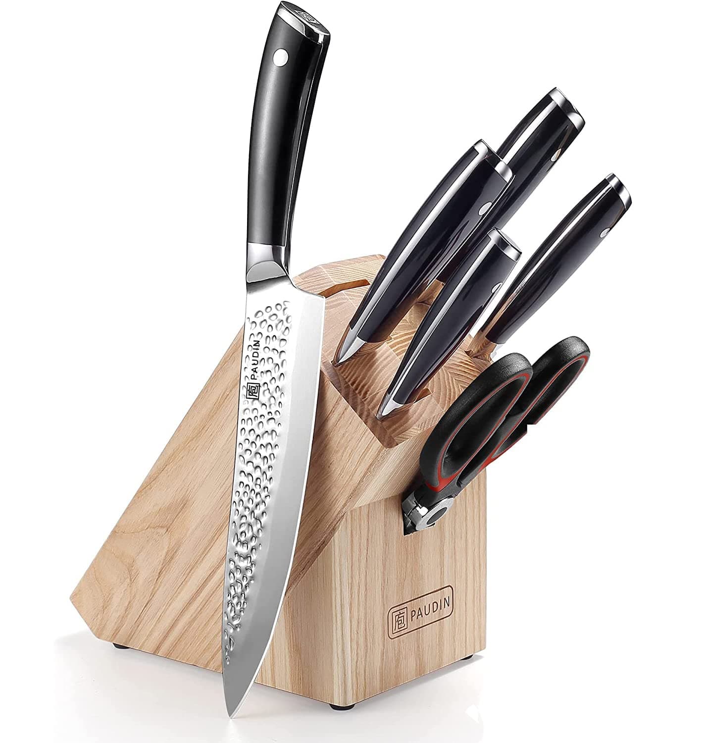 🔪🔴 PAUDIN 7-tlg Messerblock Set aus Carbon Edelstahl mit Kochmesser und Schere 🍴