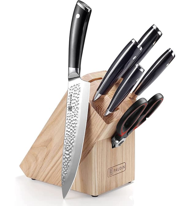 🔪🔴 PAUDIN 7-tlg Messerblock Set aus Carbon Edelstahl mit Kochmesser und Schere 🍴