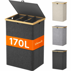 🧺 Lifewit 170L Bambus Wäschekorb mit Deckel, Faltbar Wäschesammler 3 Fächer Wäschesortierer