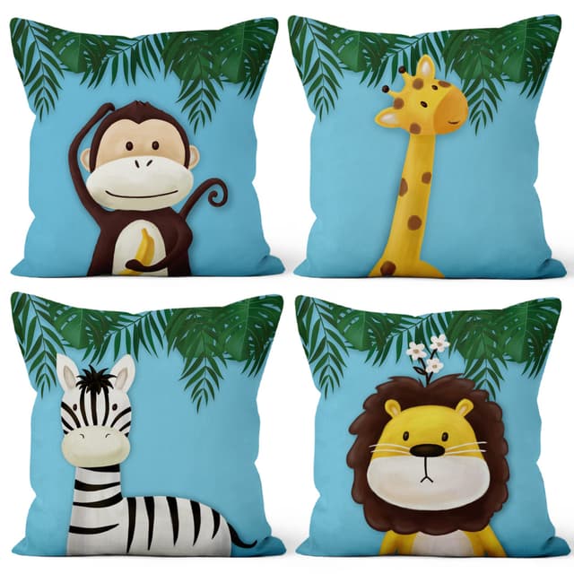 Aoihrraan 40x40cm 4er Set Süß Karikatur Tier Dekorativ Kissenbezug Forest Monkey Giraffe Floral Plant