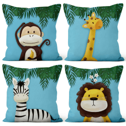 Aoihrraan 40x40cm 4er Set Süß Karikatur Tier Dekorativ Kissenbezug Forest Monkey Giraffe Floral Plant