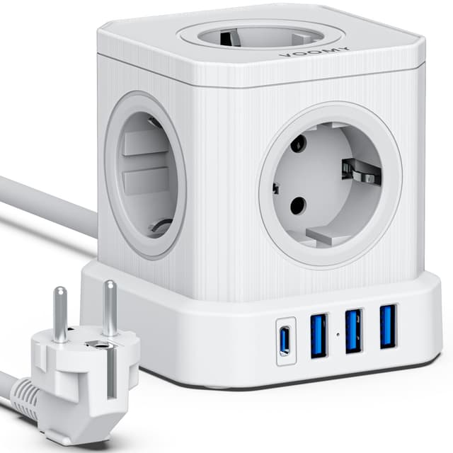 🔌🔋 VOOMY 9-in-1 Steckdosenwürfel mit USB und Typ C, 5-Fach Steckdosenleiste, 3 USB-Anschlüsse, 4000W Mehrfachsteckdose