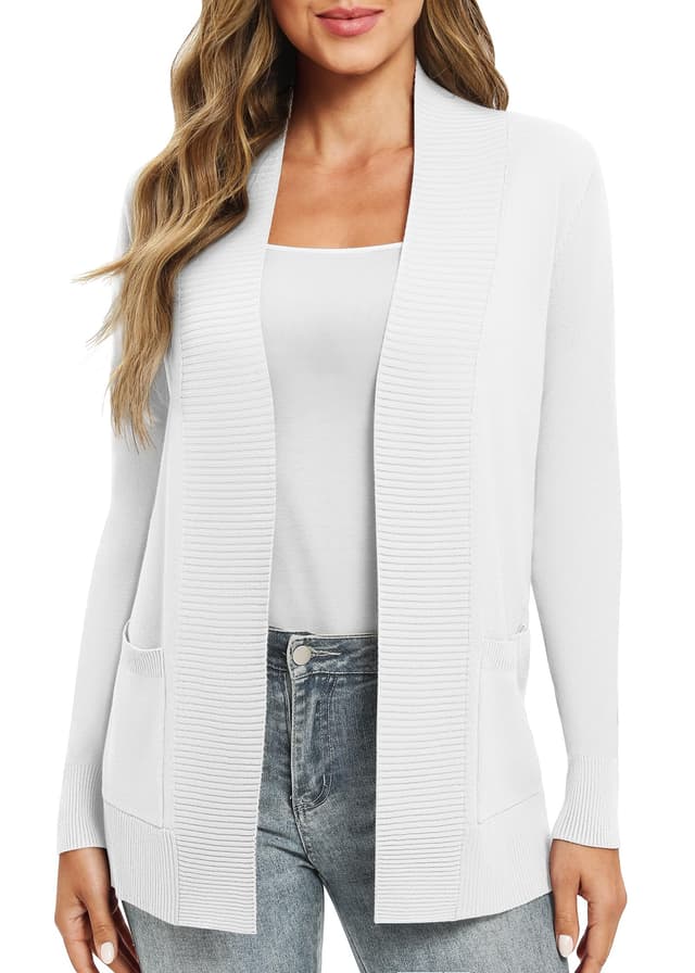 EXCHIC Leicht Damen Lange Ärmel V-Ausschnitt Lange Gestrickt Cardigan Gemütlich Offene Front Strickjacke mit Taschen XXL Weiß 🛍️