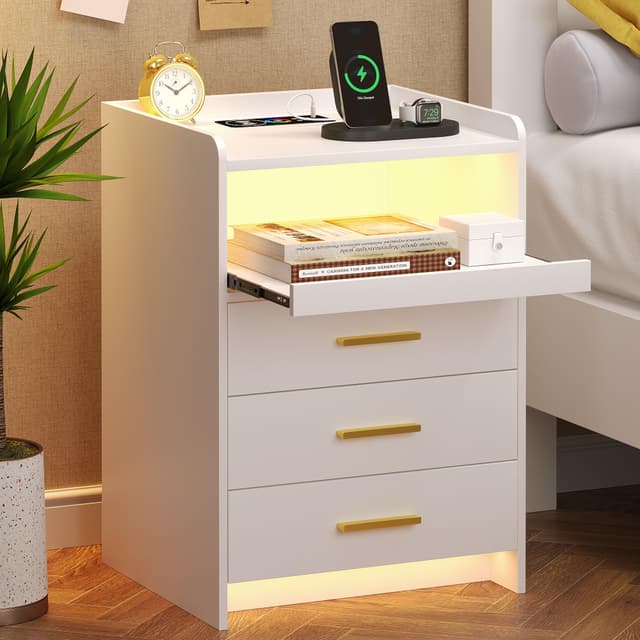 🌙✨ LED Nachttisch mit Ladefunktion und 3 Schubladen - Weiß