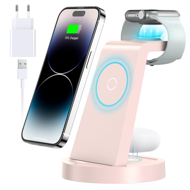 3 in 1 iPhone Ladestation Kabelloses Ladegerät für Apple - Wireless Charger für 16€ 16 15 14 13 12 11 X Pro Max & Apple Watch 10 9 8 7 6 SE 5 4 3 2 Air Pods 4 3 Pro mit 18W Fast Adapter(Rosa) 📱⌚️🔋