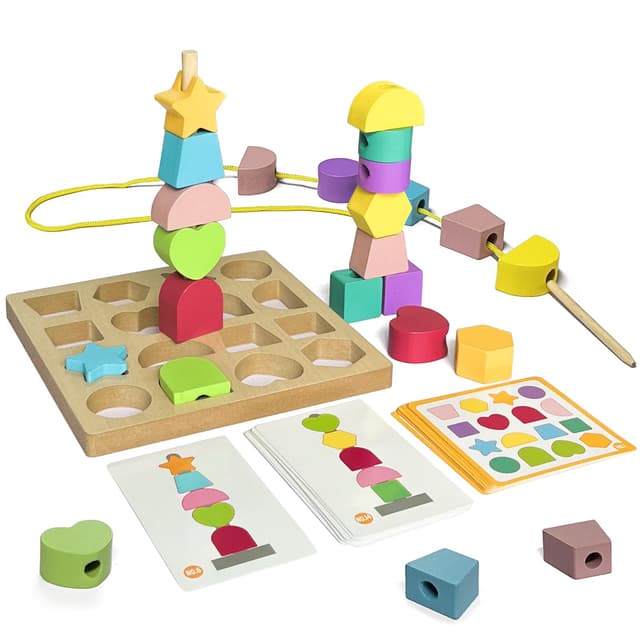 🎁 Goujfol Montessori Spielzeug ab 3 4 5 Jahre - Fädelspiel Holz Stapelspiel 3-in-1 Holzspielzeug Steckwürfel Sortier Feinmotorik Motorikspielzeug Lernspiele Geschenk für Baby Junge Mädchen Type-1 🎉