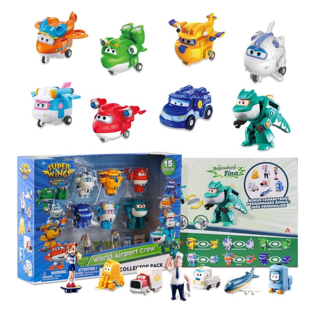 🚀🤖 Super Wings World Airport Crew Verwandlungsroboter-Set - 8 Transformationsroboter und 7 PVC-Figuren 🎁