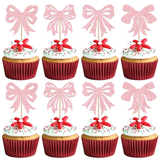 🎀 24 Stück Schleifenknoten Tortendeko Fliege Kuchen Deko Schleife Cupcake Toppers für Hochzeit Braut Dusche Mädchen Geburtstag Party Kuchen Dekorationen Hellrosa Color 3
